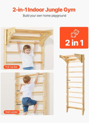 Swedish Ladder Wall Gym, 2-in-1 10-Level Indoor Jungle Gym, 220LBS Loading Solid Wood Gymnastic Stall Bars for Kids & Adults, Indoor Playground Climbing Playset with Pull-Up Bar, Wall Ladder