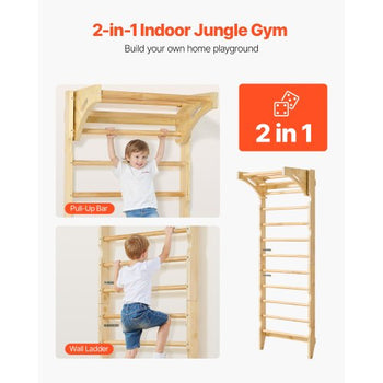 Swedish Ladder Wall Gym, 2-in-1 10-Level Indoor Jungle Gym, 220LBS Loading Solid Wood Gymnastic Stall Bars for Kids & Adults, Indoor Playground Climbing Playset with Pull-Up Bar, Wall Ladder