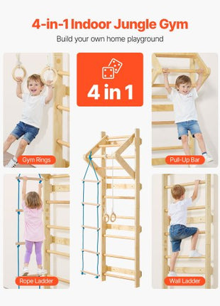 Swedish Ladder Wall Gym, 4-in-1 8-Level Indoor Jungle Gym, 220LBS Loading Solid Wood Gymnastic Stall Bars, Indoor Playground Climbing Playset with Gym Rings, Pull-Up Bar, Rope Ladder, Wall Ladder