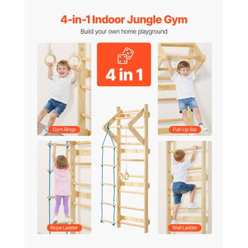 Swedish Ladder Wall Gym, 4-in-1 8-Level Indoor Jungle Gym, 220LBS Loading Solid Wood Gymnastic Stall Bars, Indoor Playground Climbing Playset with Gym Rings, Pull-Up Bar, Rope Ladder, Wall Ladder