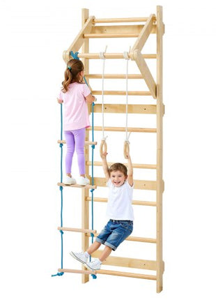 Swedish Ladder Wall Gym, 4-in-1 8-Level Indoor Jungle Gym, 220LBS Loading Solid Wood Gymnastic Stall Bars, Indoor Playground Climbing Playset with Gym Rings, Pull-Up Bar, Rope Ladder, Wall Ladder