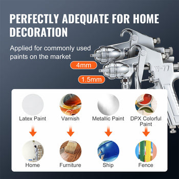 High-quality W-77 spray gun, chrome finish, 4mm and 1.5mm nozzles, ideal for home decoration and various paints.