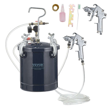 VEVOR 5L air spray gun kit with silver metal spray guns, black pressure tank, cleaning brush, and accessories.