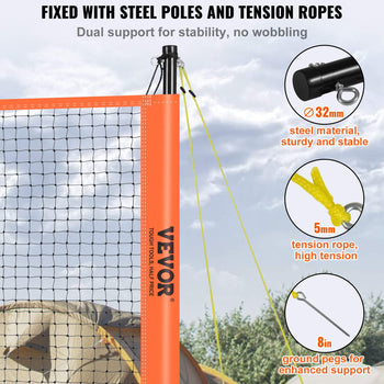 Orange volleyball net with steel poles, tension ropes, and ground pegs for enhanced stability and support.