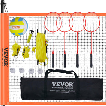VEVOR portable badminton net set with orange accents, includes volleyball, yellow ropes, and a carrying bag.