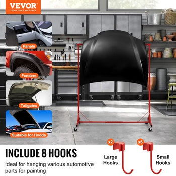 Painting Rack, 1500 -2000 mm Adjustable Height, 66 lbs Capacity Automotive Paint Rack Stand, 8 Hooks Painting Drying Rack with 4 Swiveling Wheels, Auto Body Stand for Auto Repair Shops & Garage