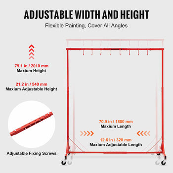Painting Rack, 1500 -2000 mm Adjustable Height, 66 lbs Capacity Automotive Paint Rack Stand, 8 Hooks Painting Drying Rack with 4 Swiveling Wheels, Auto Body Stand for Auto Repair Shops & Garage