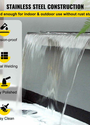 Pool Fountain Stainless Steel Pool Waterfall Spillway with Pipe Connector Rectangular Garden Outdoor (59.1\")