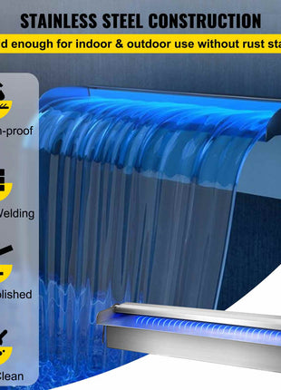 Pool Fountain Stainless Steel Pool Waterfall 11.8\" x 4.5\" x 3.1\"(W x D x H) with LED Strip Light Waterfall Spillway with Pipe Connector Rectangular Garden Outdoor
