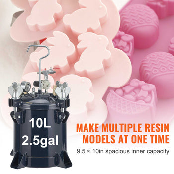 Black 10L resin pressure pot, ideal for making multiple pink bunny and egg models, 9.5 x 10 in. capacity.