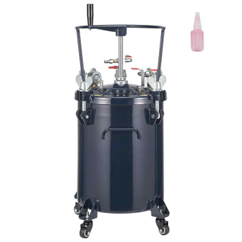 Dark blue pressurized paint sprayer with wheels, featuring dual pressure gauges and a pink nozzle attachment.