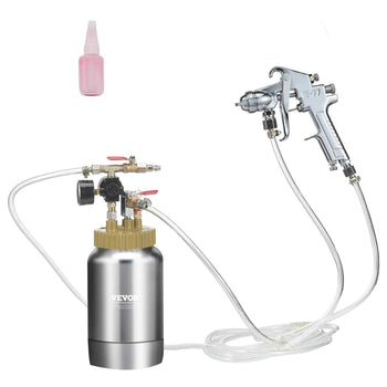 VEVOR silver stainless steel spray gun kit with air compressor, clear hose, and pink lubricant bottle for precision painting.