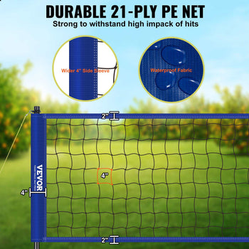 Durable 21-ply blue PE net, waterproof fabric, designed for high-impact hits, with 4-inch side sleeve for stability.