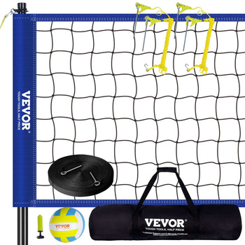 Blue VEVOR volleyball net set with yellow tension clips, black carry bag, and accessories for outdoor sports.