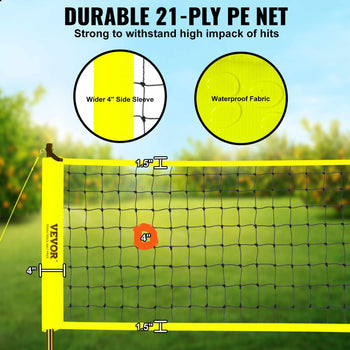 Durable yellow 21-ply PE volleyball net with waterproof fabric and wide side sleeve for high-impact play.