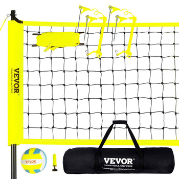 Bright yellow volleyball net with sturdy black bag, durable materials, includes ball and easy-setup accessories.
