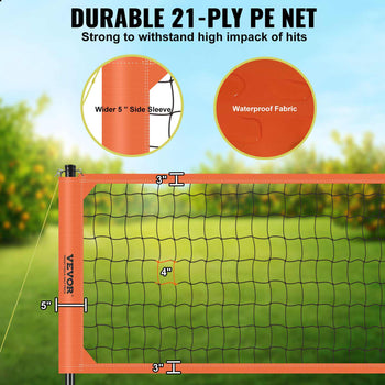 Durable orange 21-ply PE volleyball net with waterproof fabric and wider side sleeves for high impact resilience.