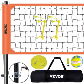 Vevor portable volleyball net set with orange edges, durable netting, yellow straps, carrying bag, and ball included.