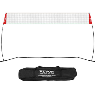 Red and black portable badminton net set with black carrying bag, perfect for outdoor sports and recreation.