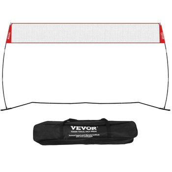Red and black portable badminton net set with black carrying bag, perfect for outdoor sports and recreation.