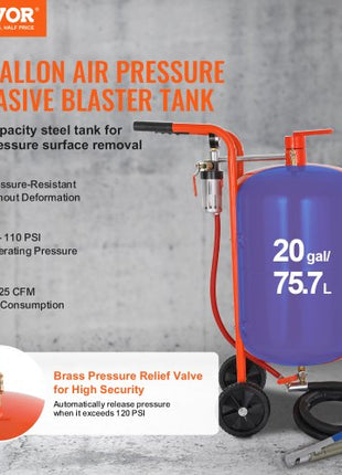 20 Gallon Sand Blaster, 60-110 PSI High Pressure Sandblaster, Portable Abrasive Blasting Tank, Air Sand Blasting Kit with 4 Ceramic Nozzles and Oil-Water Separator for Paint, Stain, Rust Removal