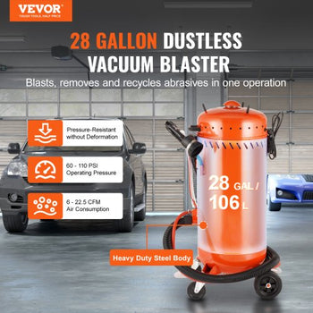 28 Gallon Vacuum Sand Blaster, Dustless Sandblaster with Built-in 1200W Vacuum System for Dust Control and Abrasive Recycle, 60-110 PSI Heavy Duty Abrasive Blasting Machine
