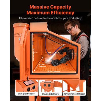 115 Gallon Sandblasting Cabinet, Heavy Duty Steel Sand Blasting Cabinet with 31-Gallon Media Hopper, Dual Blasting Guns & 1.6HP Dust Collector for Oversized Parts Surface Finishing, Rust Removal