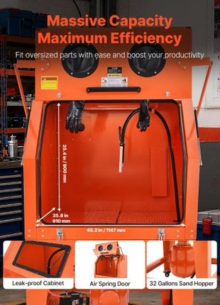 245 Gallon Sandblasting Cabinet with Pressurized Tank, Heavy Duty Steel Sand Blasting Cabinet on Wheels - with 32 Gallon Media Hopper & 1.6HP Dust Collector for Oversized Parts Surface Finishing