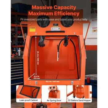 245 Gallon Sandblasting Cabinet with Pressurized Tank, Heavy Duty Steel Sand Blasting Cabinet on Wheels - with 32 Gallon Media Hopper & 1.6HP Dust Collector for Oversized Parts Surface Finishing