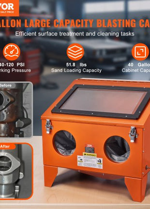 40 Gallon Sandblasting Cabinet, 40-120PSI Portable Benchtop Sand Blasting Cabinet, Heavy Duty Steel Sand Blaster with Blasting Gun & 4 Ceramic Nozzles for Paint, Stain, Rust Removal