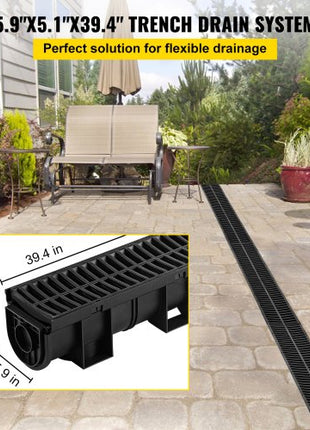 Trench Drain System, Channel Drain with Plastic Grate, 5.9x5.1-Inch HDPE Drainage Trench, Black Plastic Garage Floor Drain, 6x39 Trench Drain Grate, with 6 End Caps, for Garden, Driveway-6 Pack