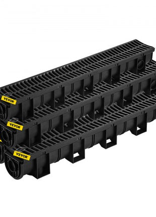 Trench Drain System, Channel Drain with Plastic Grate, 5.9x5.1-Inch HDPE Drainage Trench, Black Plastic Garage Floor Drain, 6x39 Trench Drain Grate, with 6 End Caps, for Garden, Driveway-6 Pack