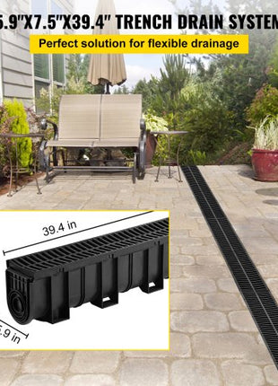 Trench Drain System, Channel Drain with Plastic Grate, 5.9x7.5-Inch HDPE Drainage Trench, Black Plastic Garage Floor Drain, 4x39 Trench Drain Grate, with 4 End Caps, for Garden, Driveway-4 Pack