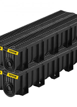 Trench Drain System, Channel Drain with Plastic Grate, 5.9x7.5-Inch HDPE Drainage Trench, Black Plastic Garage Floor Drain, 4x39 Trench Drain Grate, with 4 End Caps, for Garden, Driveway-4 Pack