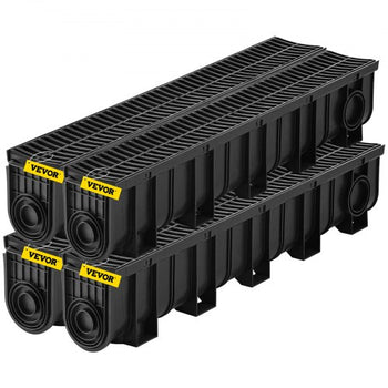 Trench Drain System, Channel Drain with Plastic Grate, 5.9x7.5-Inch HDPE Drainage Trench, Black Plastic Garage Floor Drain, 4x39 Trench Drain Grate, with 4 End Caps, for Garden, Driveway-4 Pack