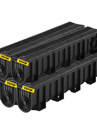 Trench Drain System, Channel Drain with Plastic Grate, 5.9x7.5-Inch HDPE Drainage Trench, Black Plastic Garage Floor Drain, 5x39 Trench Drain Grate, with 5 End Caps, for Garden, Driveway-5 Pack