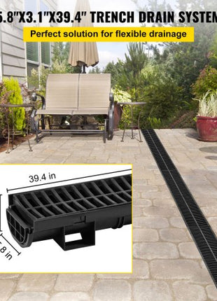 Trench Drain System, Channel Drain with Plastic Grate, 5.8x3.1-Inch HDPE Drainage Trench, Black Plastic Garage Floor Drain, 6x39 Trench Drain Grate, with 6 End Caps, for Garden, Driveway-6 Pack