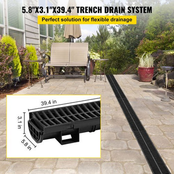 Trench Drain System, Channel Drain with Plastic Grate, 5.8x3.1-Inch HDPE Drainage Trench, Black Plastic Garage Floor Drain, 6x39 Trench Drain Grate, with 6 End Caps, for Garden, Driveway-6 Pack