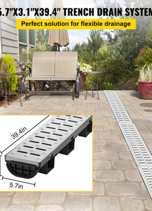 Trench Drain System, Channel Drain with Metal Grate, 5.7x3.1-Inch HDPE Drainage Trench, Black Plastic Garage Floor Drain, 5x39 Trench Drain Grate, with 5 End Caps, for Garden, Driveway-5 Pack