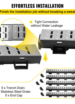 Trench Drain System, Channel Drain with Metal Grate, 5.7x3.1-Inch HDPE Drainage Trench, Black Plastic Garage Floor Drain, 5x39 Trench Drain Grate, with 5 End Caps, for Garden, Driveway-5 Pack