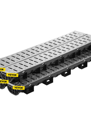 Trench Drain System, Channel Drain with Metal Grate, 5.7x3.1-Inch HDPE Drainage Trench, Black Plastic Garage Floor Drain, 5x39 Trench Drain Grate, with 5 End Caps, for Garden, Driveway-5 Pack