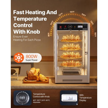 Commercial Food Warmer Display, 4-Tier Pizza Warmer with Rotary Steam Heating for 14 in Pizza, 86?~185? Temperature Control and Temp Display, 25W Oven Light + Top LED for Pizza Shop, Restaurant