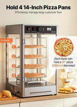 Commercial Food Warmer Display, 4-Tier Pizza Warmer with Rotary Steam Heating for 14 in Pizza, 86℉~185℉ Temperature Control and Temp Display, 25W Oven Light + Top LED for Pizza Shop, Restaurant
