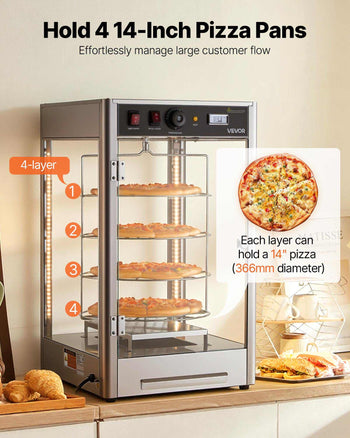 Commercial Food Warmer Display, 4-Tier Pizza Warmer with Rotary Steam Heating for 14 in Pizza, 86℉~185℉ Temperature Control and Temp Display, 25W Oven Light + Top LED for Pizza Shop, Restaurant