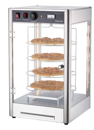 Commercial Food Warmer Display, 4-Tier Pizza Warmer with Rotary Steam Heating for 14 in Pizza, 86℉~185℉ Temperature Control and Temp Display, 25W Oven Light + Top LED for Pizza Shop, Restaurant