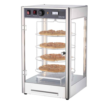 Commercial Food Warmer Display, 4-Tier Pizza Warmer with Rotary Steam Heating for 14 in Pizza, 86℉~185℉ Temperature Control and Temp Display, 25W Oven Light + Top LED for Pizza Shop, Restaurant