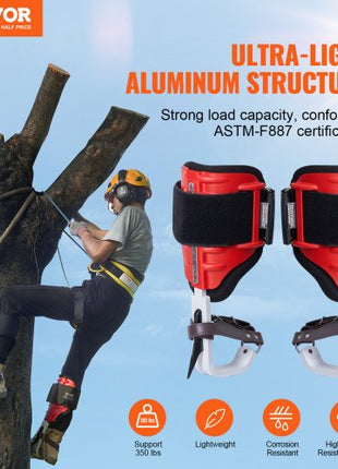 Tree Climbing Spikes, 1 Pair Aluminum Climbing Spurs, 350lbs Load Capacity Tree Climbing Gear with Straps and Spike Protectors, Arborist Equipment for Climbers, Hunting, Fruit Picking, Red