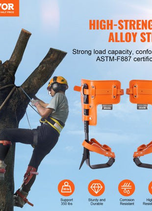 Tree Climbing Spikes, 1 Pair Alloy Steel Climbing Spurs, 350lbs Load Capacity Tree Climbing Gear with Straps and Spike Protectors, Arborist Equipment for Climbers, Hunting, Fruit Picking, Orange