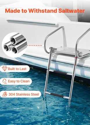 Boat Ladder, 3 Steps, Stainless Steel Telescoping Folding Swim Deck Ladder for Rear Entry Inboard, 400 lbs Capacity with Wide Anti-Slip Steps & Handrails, for Outboards, Yacht, Pontoon Boats