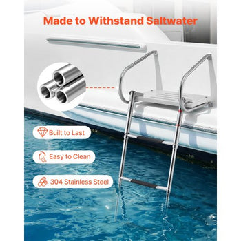 Boat Ladder, 3 Steps, Stainless Steel Telescoping Folding Swim Deck Ladder for Rear Entry Inboard, 400 lbs Capacity with Wide Anti-Slip Steps & Handrails, for Outboards, Yacht, Pontoon Boats